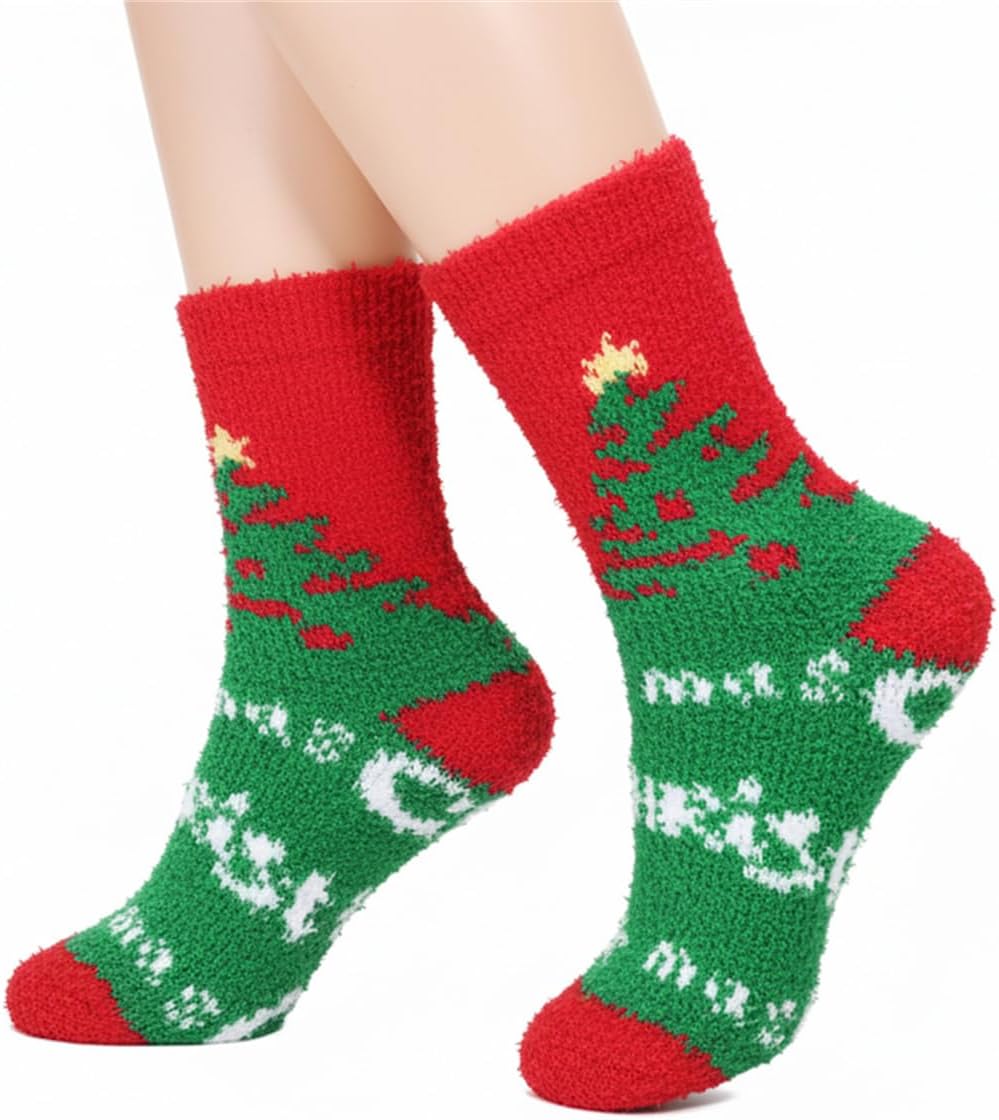White+green+red+yellow | B0FQJD3342 | Christmas Socks for Women - Holiday Socks Cozy Fleece Winter Socks Super Thick Warm Mid-Crew (Size 5.5-10) Fun Festive Style