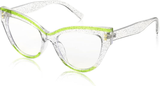 Glitter Silver & Green Frame / 63 Millimeters | B0BB2CKZW9 | FEISEDY Women Oversized Blue Light Blocking Computer Glasses Fake Nerd Cat Eye Glasses Frame Anti Eyestrain B2323