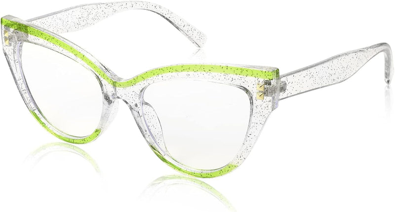 Glitter Silver & Green Frame / 63 Millimeters | B0BB2CKZW9 | FEISEDY Women Oversized Blue Light Blocking Computer Glasses Fake Nerd Cat Eye Glasses Frame Anti Eyestrain B2323