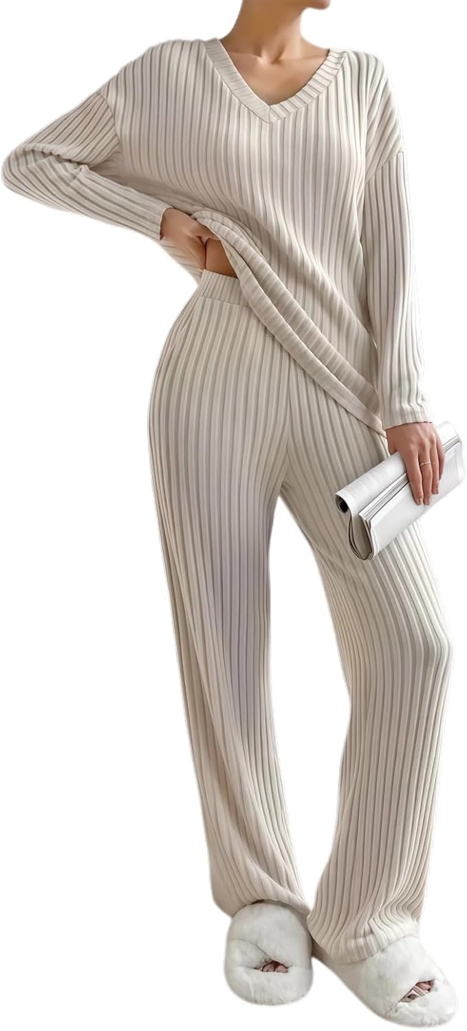 Small / Apricot | B0G6JJZH41 | Lounge Sets for Women, Winter Pajama Pajamas Fall Fashion Set with Rib-Knit V-Neck Long Sleeve & Straight Leg Pants, 2 Piece