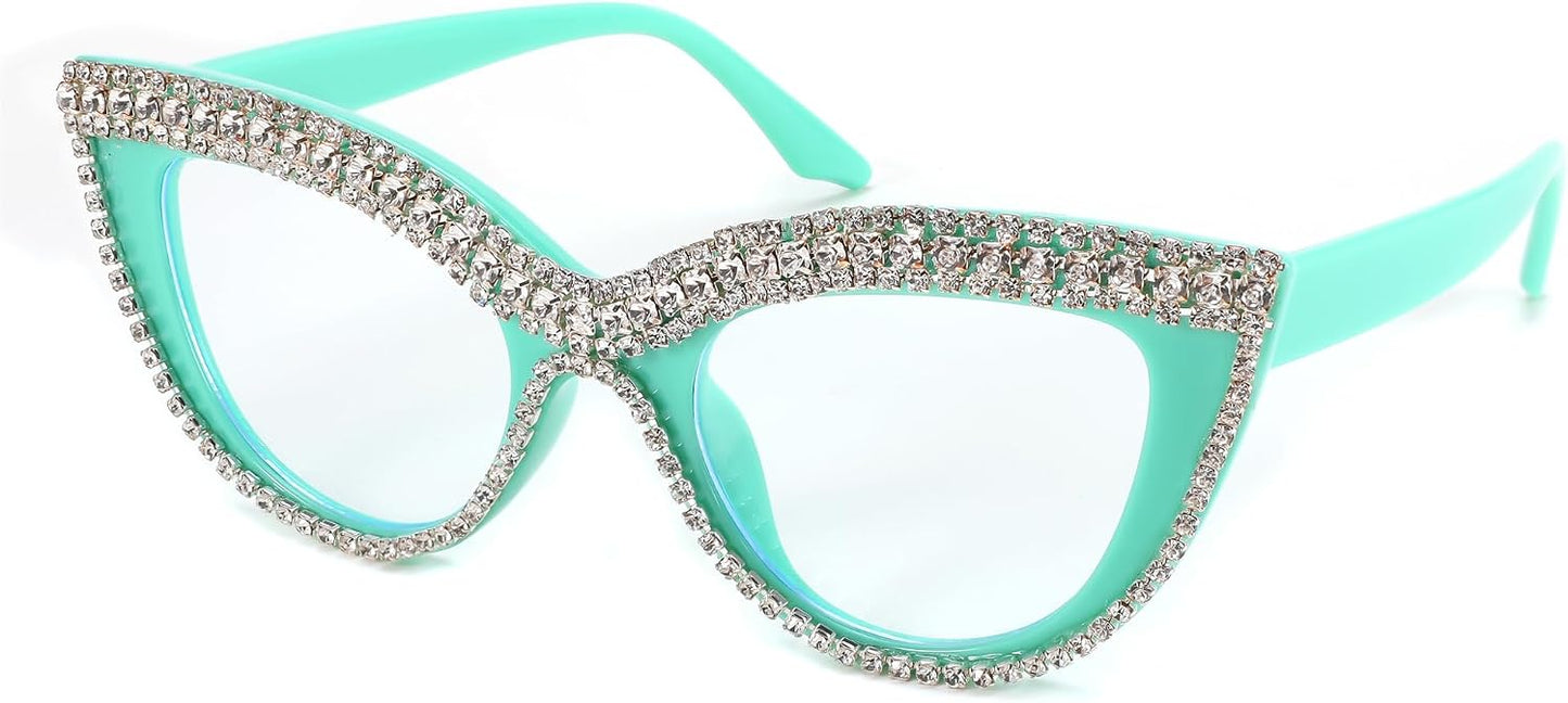 Green Blue Diamond / 51 Millimeters | B0CPBJMLDB | FEISEDY Diamond Blue Light Blocking Glasses Cat Eye Rhinestone Women Oversized Anti Eyestrain Computer Glasses Frame B2358