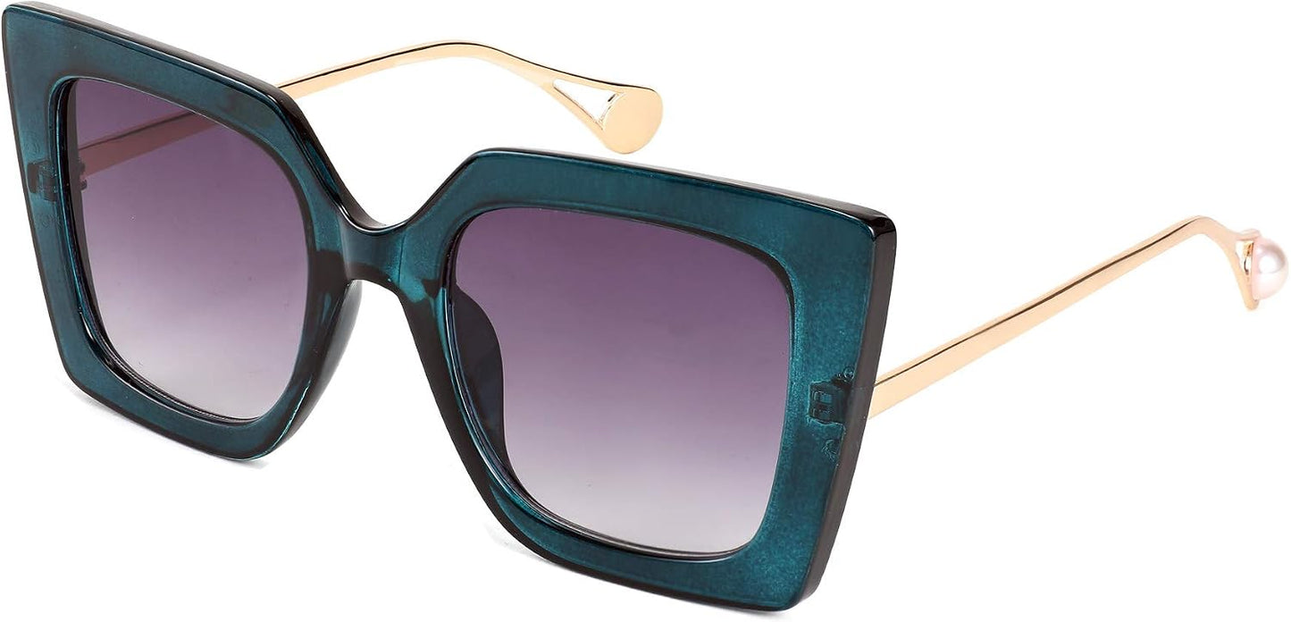 Peacock Blue / 50 Millimeters | B08HVBN3VF | FEISEDY Sunglasses Womens Trendy, Oversized Square Shades, Pearl Inlay Cat Eye Frame UV400 Protection B2625