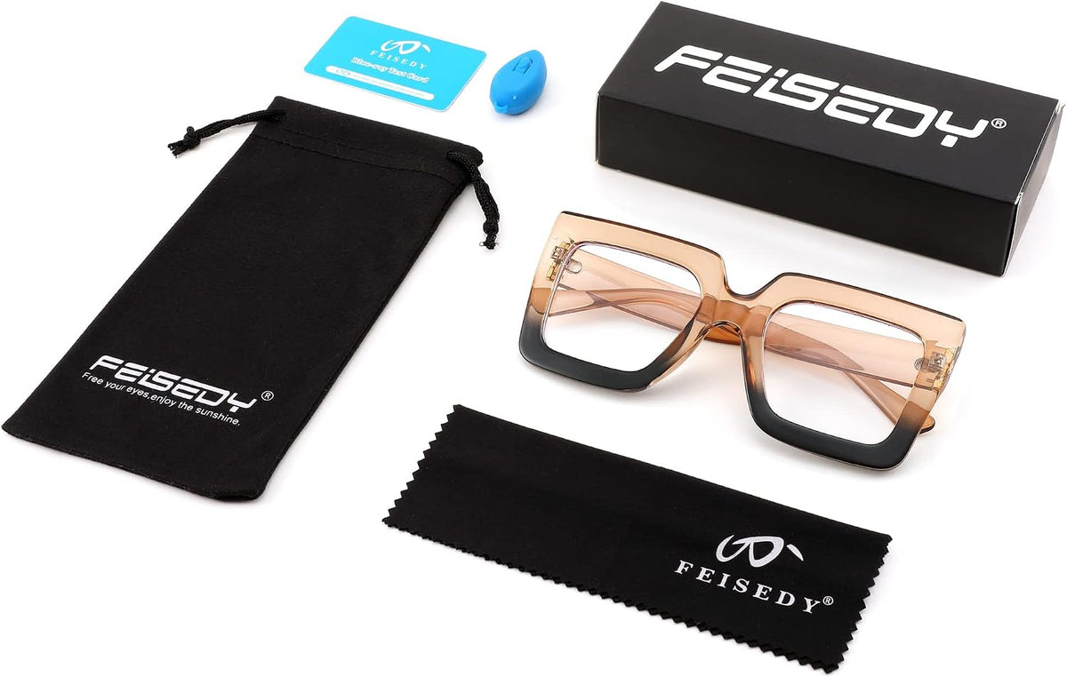 商品图片 5 | B0BZRTPH3F | FEISEDY Fashion Oversized Blue Light Glasses for Women Anti Fatigue Thick Square Computer Eyewear B2381