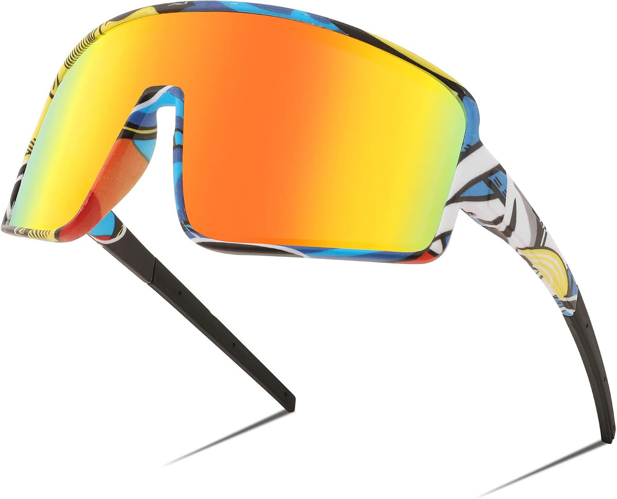 006 Colorful Graffiti Frame & Red Mirror Lens / 71 Millimeters | B0C1YTCH3L | FEISEDY Sports Sunglasses, Polarized Oversized Shield for Women Men Youth, Baseball Cycling Running Outdoor Visor B2988