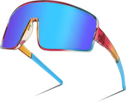 005 Transparent Blue Red Frame & Blue Mirror Lens / 71 Millimeters | B0C1YV51BS | FEISEDY Sports Sunglasses, Polarized Oversized Shield for Women Men Youth, Baseball Cycling Running Outdoor Visor B2988