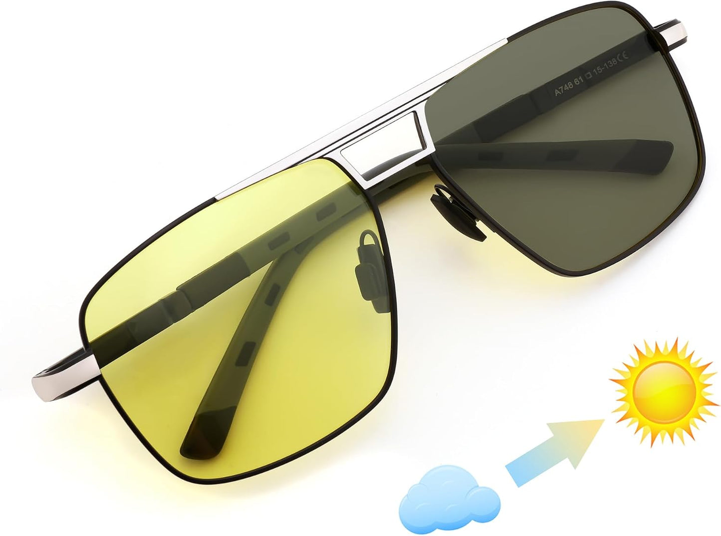 Stylea-black-yellow / 57 Millimeters | B0G52FP5X7 | FEISEDY Polarized Aviator Photochromic Sunglasses Men Women for Day and Night Driving Metal Frame B0172