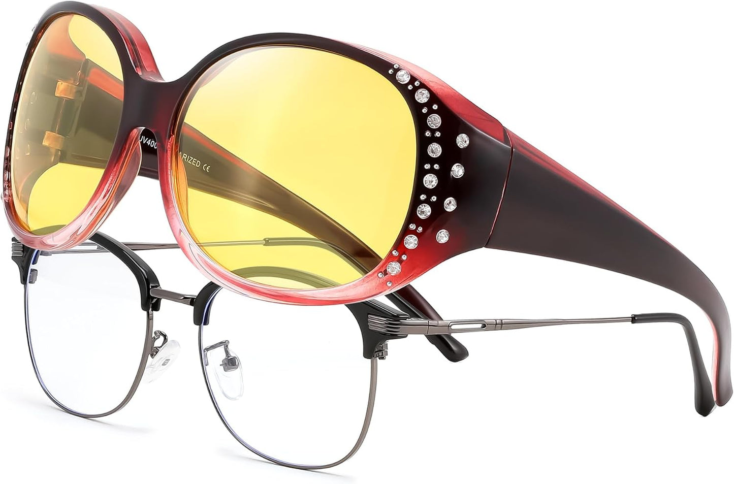 Gradual Wine Red/Yellow / 61 Millimeters | B0GRVGV7Z7 | FEISEDY Women's Polarized Wrap-Around Fit Over Sunglasses with Rhinestones, Anti-Glare Driving Sun Glasses B0362