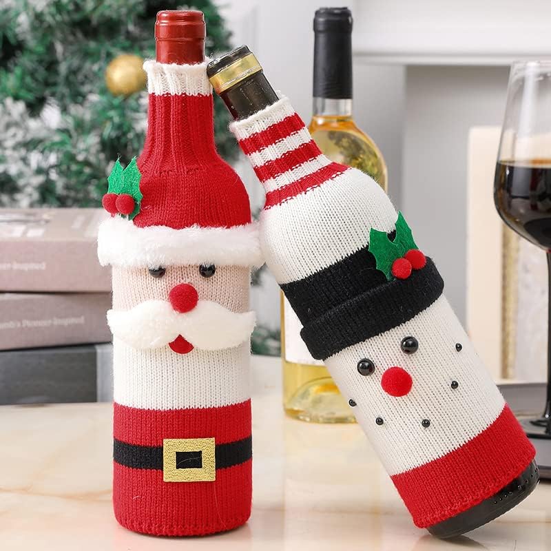 商品图片 3 | B0FWX7QLDR | Christmas Bottle Knit Covers, Festive Knit Wine Bottle Cozy with Santa & Snowman Holly Decor, for Holiday Parties & Gifts