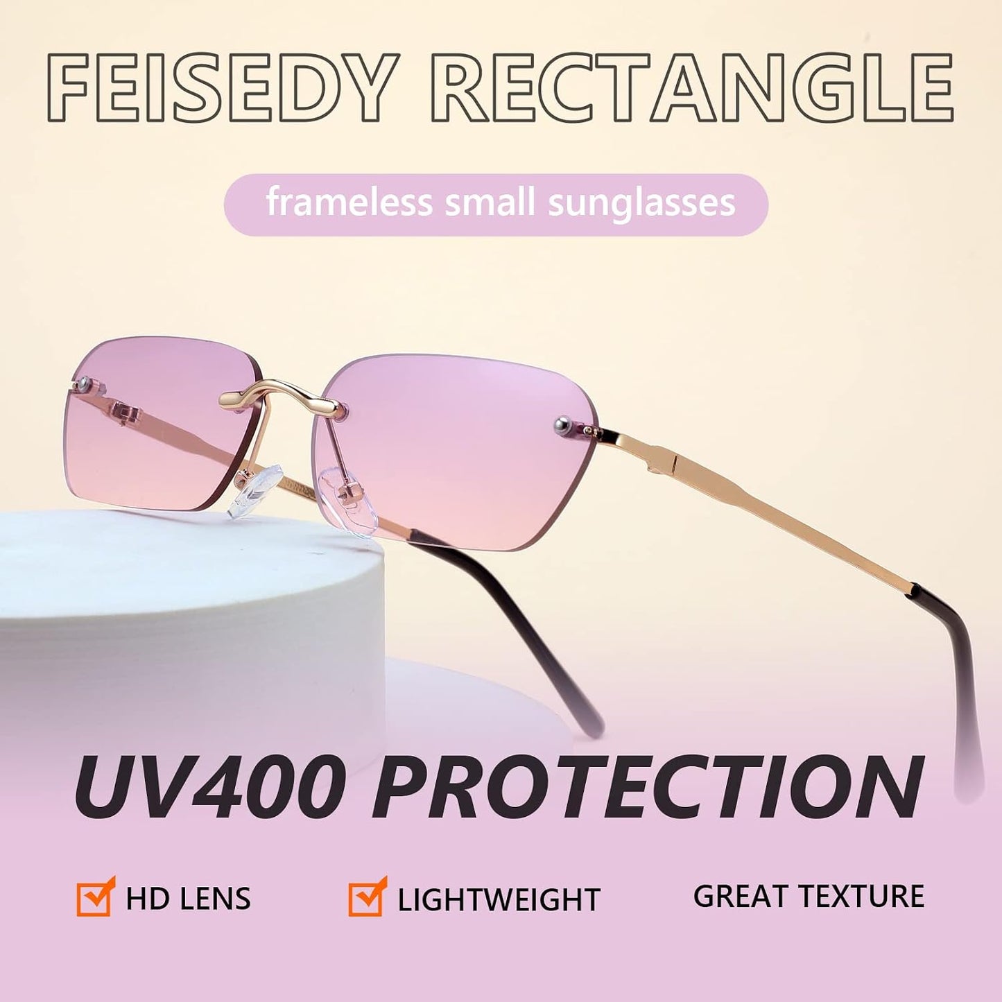 商品图片 38 | B0CY2Q4VW1 | FEISEDY Rimless Sunglasses Y2K Retro Small Narrow Rectangle Shades B2643