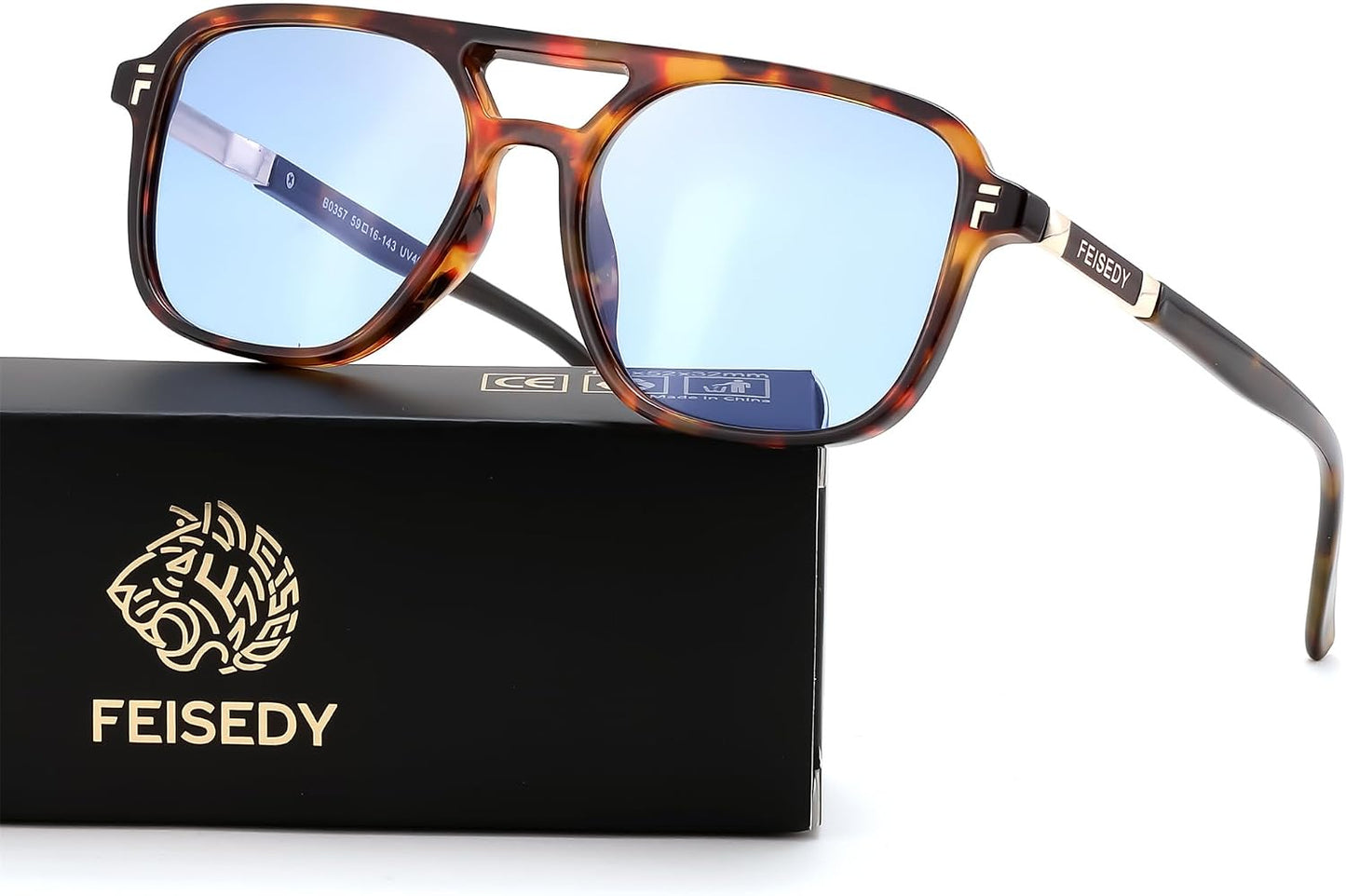 Leopard Frame Blue Lens / 53 Millimeters | B0H2V8LX7B | FEISEDY Retro Polarized Aviator Square Sunglasses for Women Men UV400 B0357