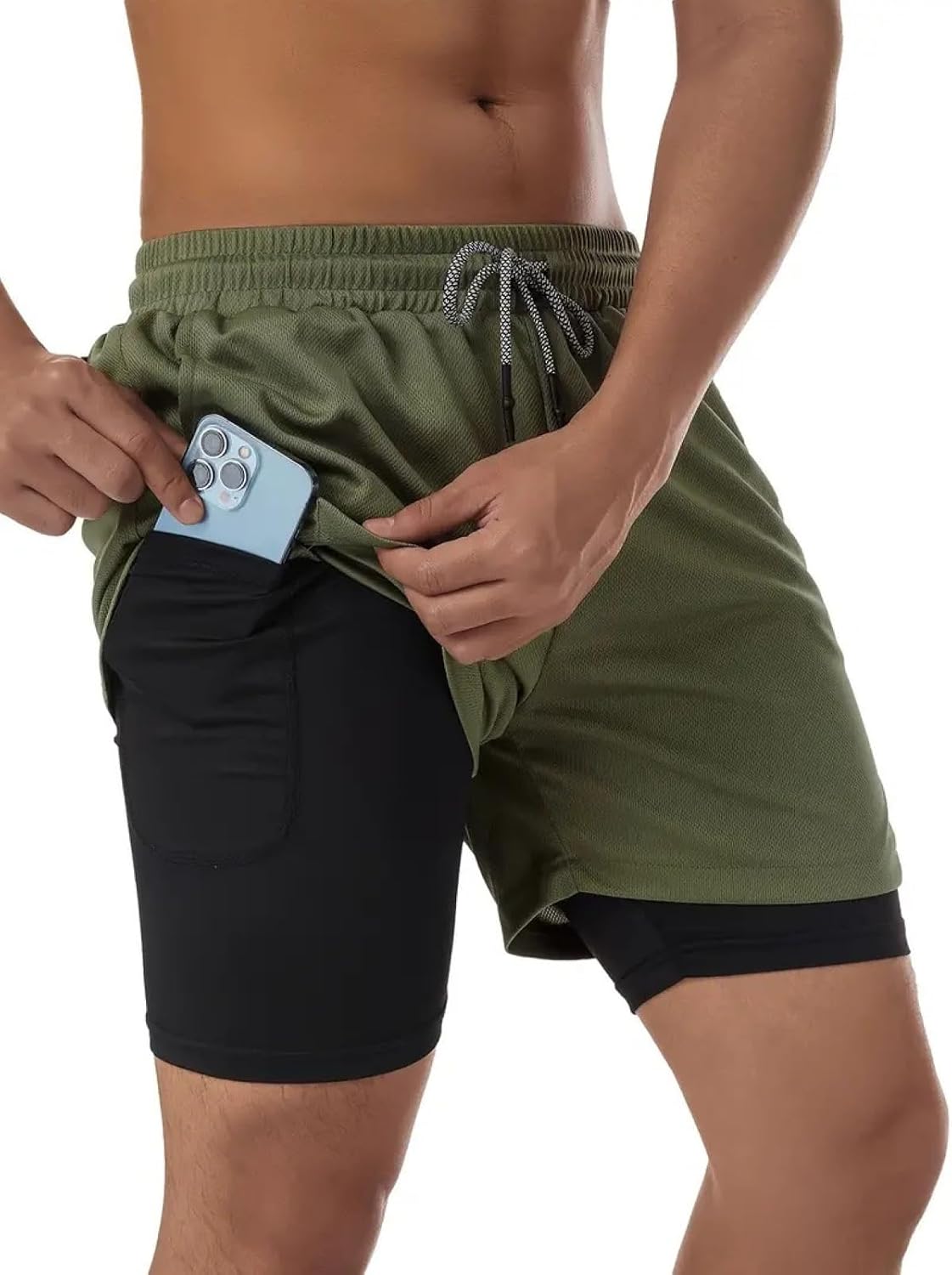 Default Title | B0GPQC1J43 | Men's 2-in-1 Running Shorts with Phone Pockets - Quick Dry Gym & Workout Shorts for Athletic Men Green