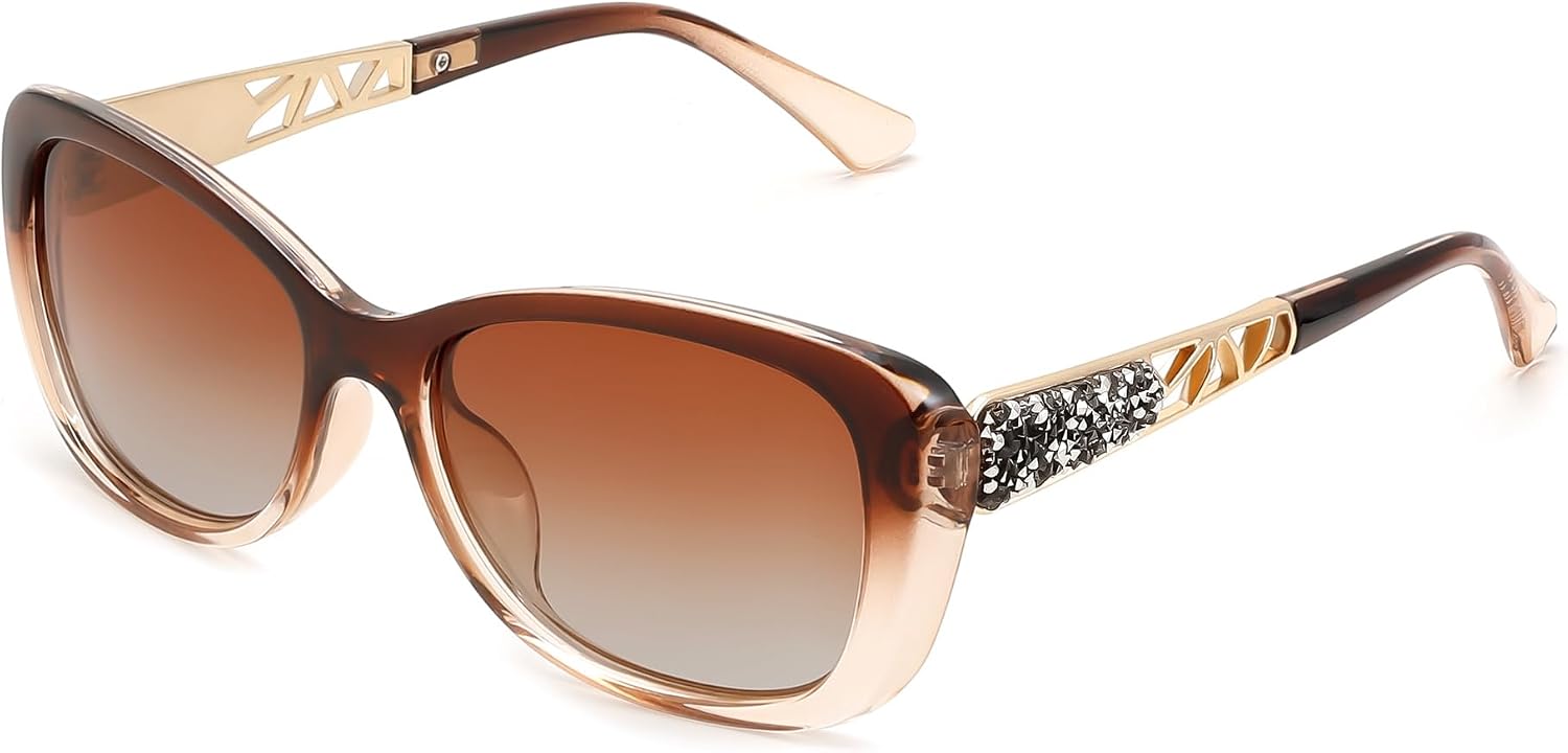 B-polarized Tea / 58 Millimeters | B0D2RBJ41P | FEISEDY Polarized Women Sunglasses Retro Shades Photochromic Lens Sparkling Crystal Sunglasses UV400 Protection B0144