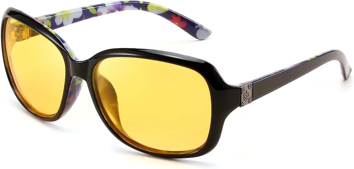 Black-floral / 60 Millimeters | B0DF74KY2H | FEISEDY Classic Womens Night Glasses Driving Anti Glare Wrap Around Yellow Sunglasses B2548