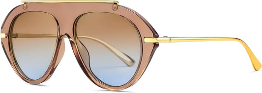 FEISEDY Retro Aviator Sunglasses for Women Men Trendy Oversized 70s Vintage Metal Sun Glasses B0408 | RED Series - Brown Frame Brown Gradient Blue Lens