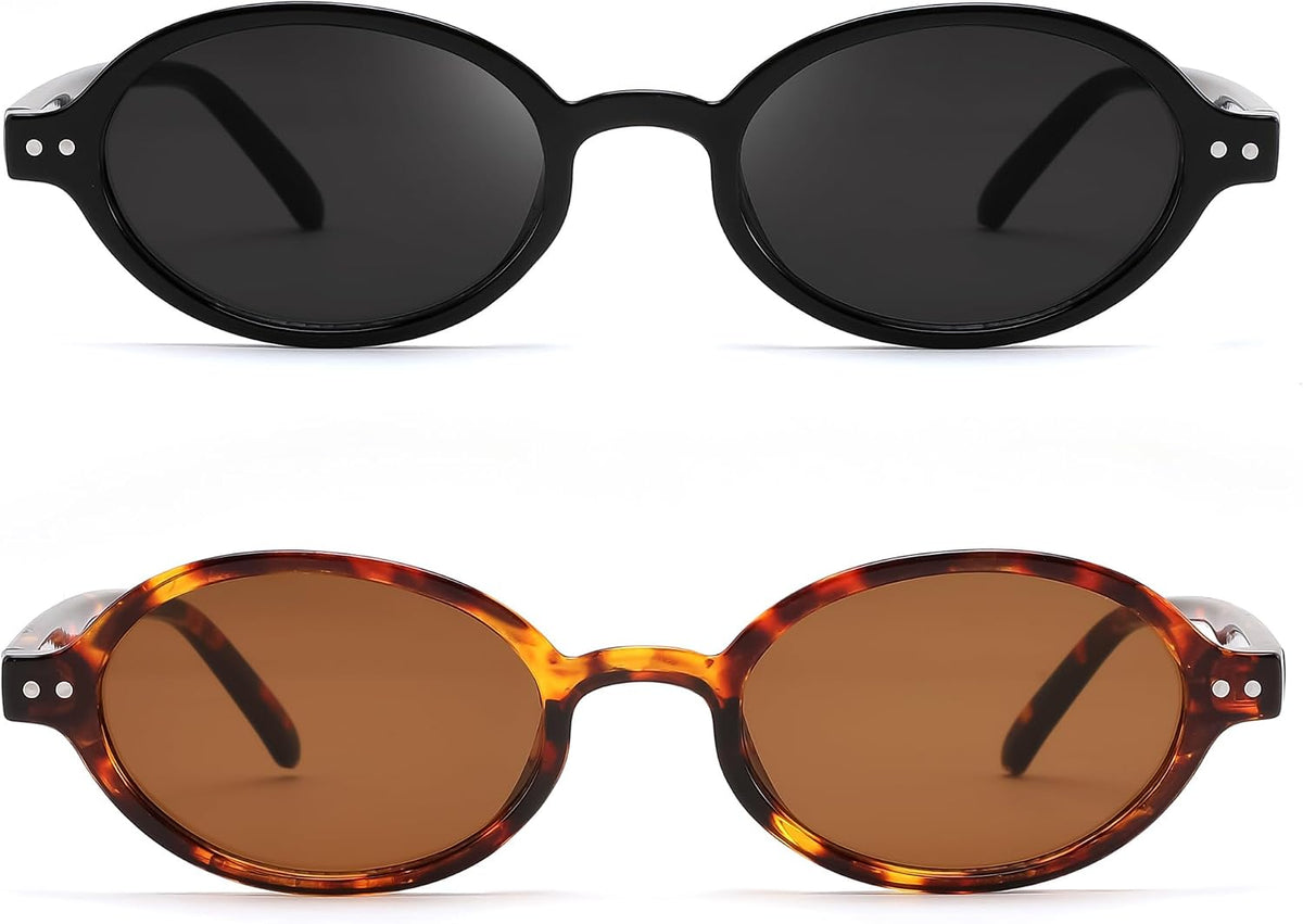 Black Frame Grey Lens + Tortoise Frame Tea Lens / 48 Millimeters | B0GV61NTQY | FEISEDY Retro Oval Sunglasses for Women Small 90s Y2K UV Protection B1584