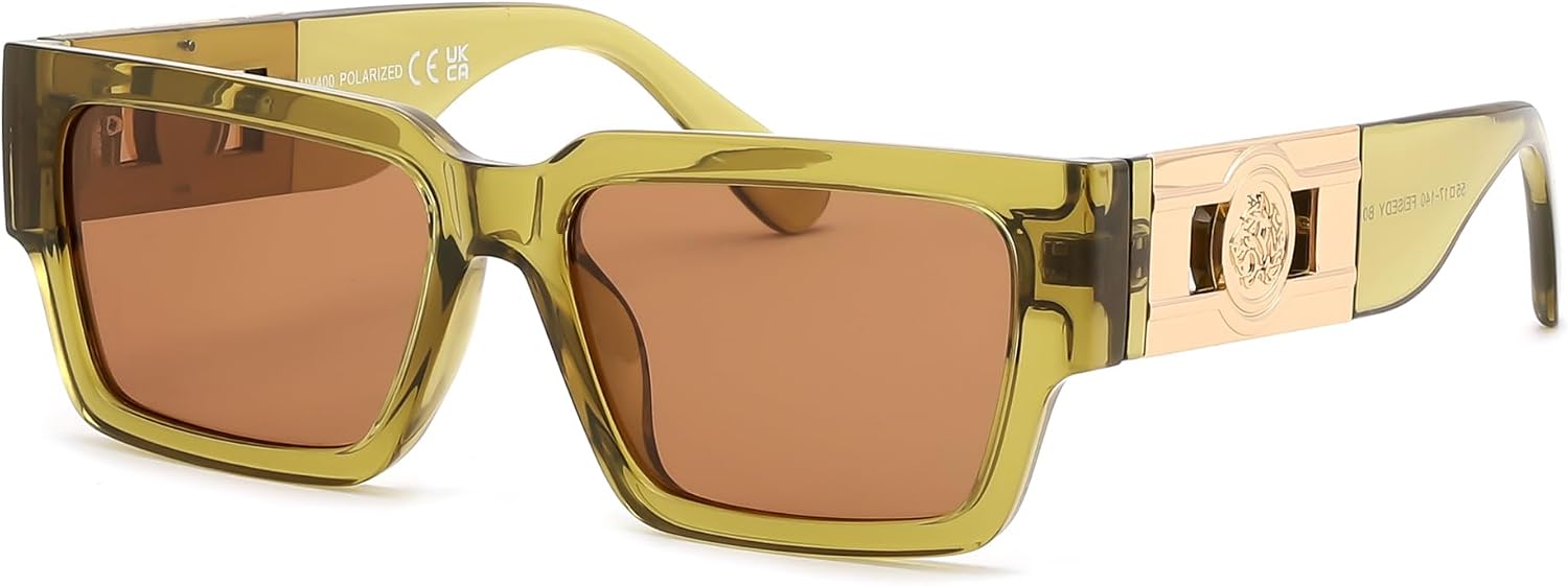 Transparent Green/Brown / 56 Millimeters | B0GD5S9PZ7 | FEISEDY Retro Trendy Rectangle Polarized Sunglasses for Women Men,Classic Narrow Square Sun Glasses B0314