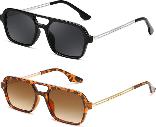 2 Pack - Leopard/Tea + Black/Grey / 59 Millimeters | B0F5MTFJVF | FEISEDY Vintage Square 70s Flat Aviator Sunglasses Women Men Metal Design Shades B2752
