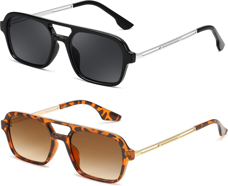 2 Pack - Leopard/Tea + Black/Grey / 59 Millimeters | B0F5MTFJVF | FEISEDY Vintage Square 70s Flat Aviator Sunglasses Women Men Metal Design Shades B2752