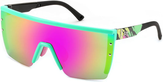 Polarized Red and Green Mirrored Lenses With Green Frame 005 / 70 Millimeters | B0CYP2J2GN | FEISEDY Sunglasses Mens Polarized Women Oversized Flat Top Square Cycling Fishing Golf Hiking Vintage Sun Glasses B2367