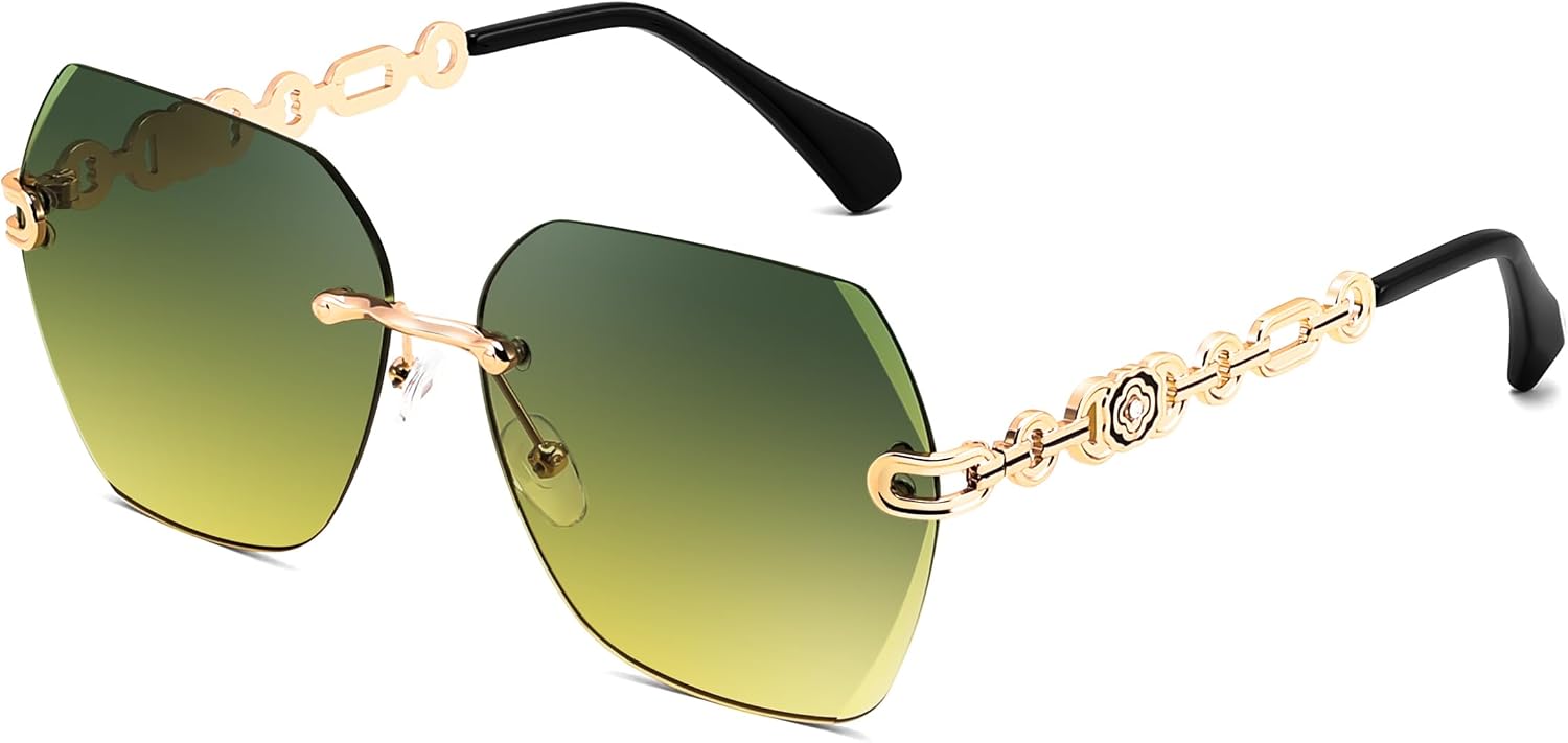 008 Green-yellow | B0FWRJGLH9 | FEISEDY Classic Rimless Sunglasses Women Metal Frame Diamond Cutting Lens Sun Glasses B2567