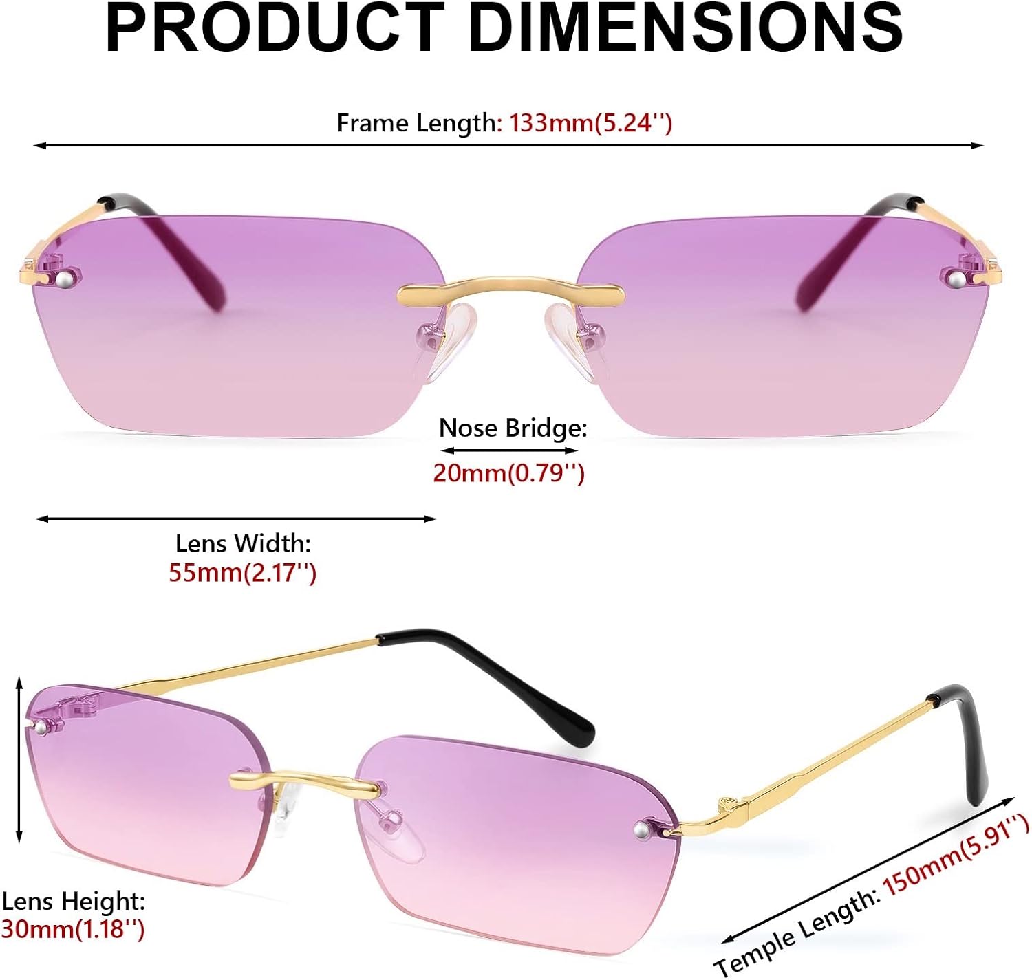 商品图片 39 | B0CY2Q4VW1 | FEISEDY Rimless Sunglasses Y2K Retro Small Narrow Rectangle Shades B2643
