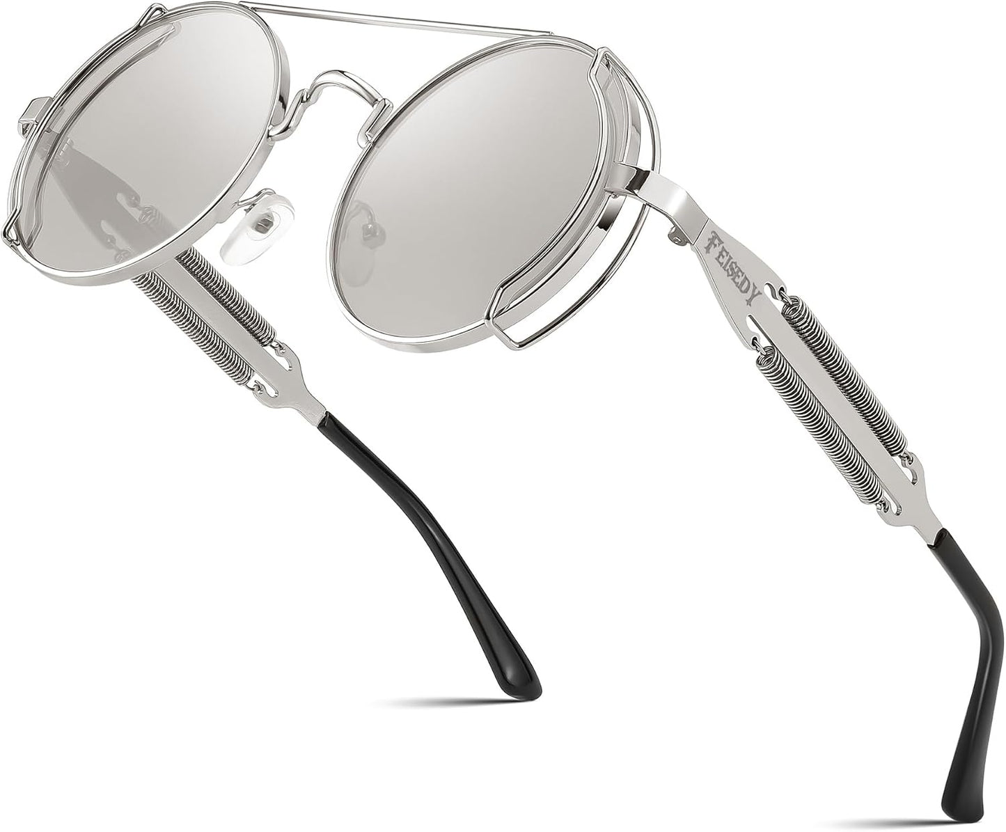 Silver Frame With White and Silver Lenses / 50 Millimeters | B0BD4M8Z3Y | FEISEDY Aviator Sunglasses for Men Women Steampunk Round Metal Frame B2351