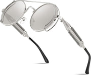 Silver Frame With White and Silver Lenses / 50 Millimeters | B0BD4M8Z3Y | FEISEDY Aviator Sunglasses for Men Women Steampunk Round Metal Frame B2351