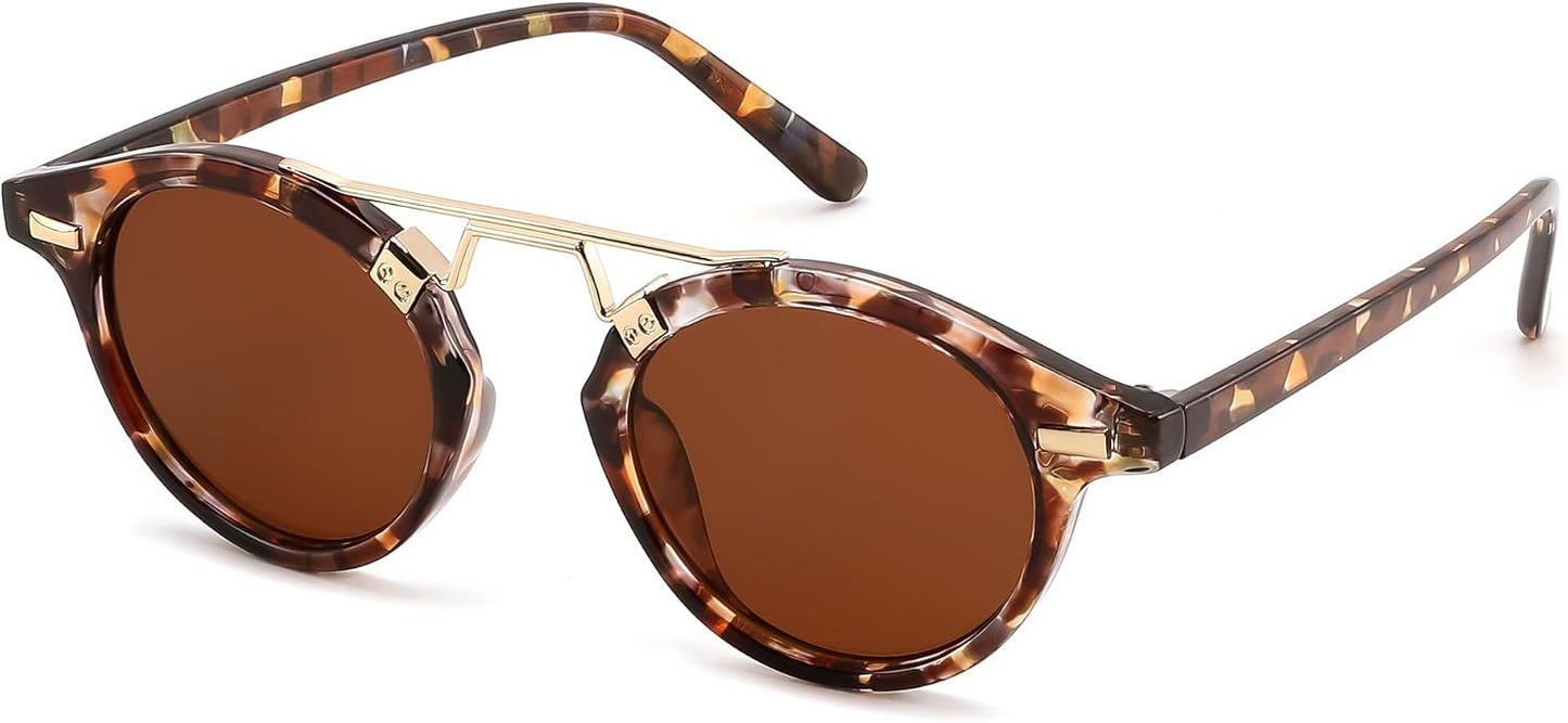 Deep Brown Floral Tortoise Frame & Deep Brown Lens / 46 Millimeters | B0GX62YR7C | FEISEDY Retro Round Metal Brow Sunglasses for Women for Small Face B0427