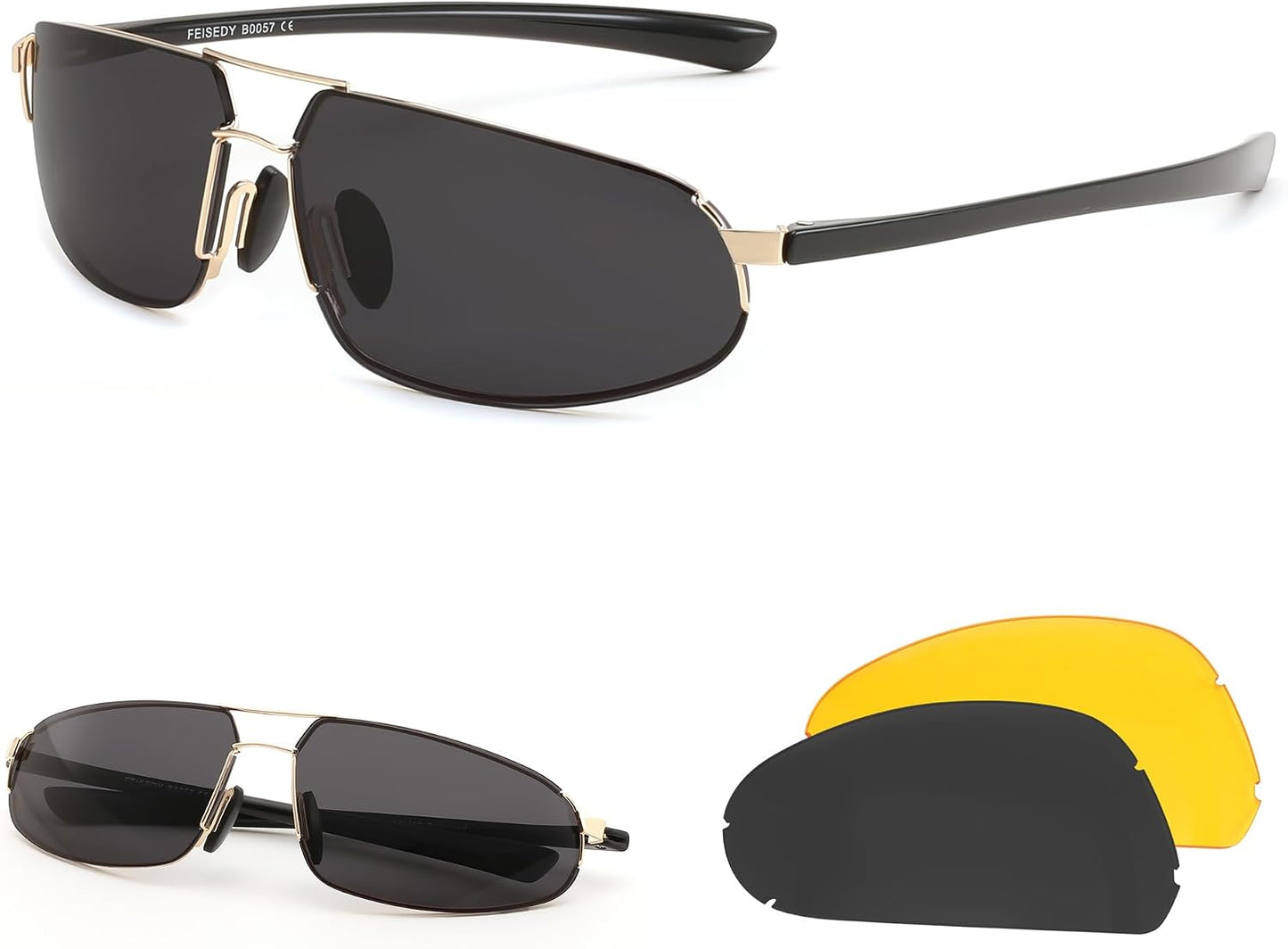 Polarized Gray Lens 01+interchangeable Yellow Night Vision Lenses / 60 Millimeters | B0DGFV7GLG | FEISEDY Vintage Sunglasses Men Polarized, Aviator Metal Frame Lightweight, Driving Fishing Running B0057