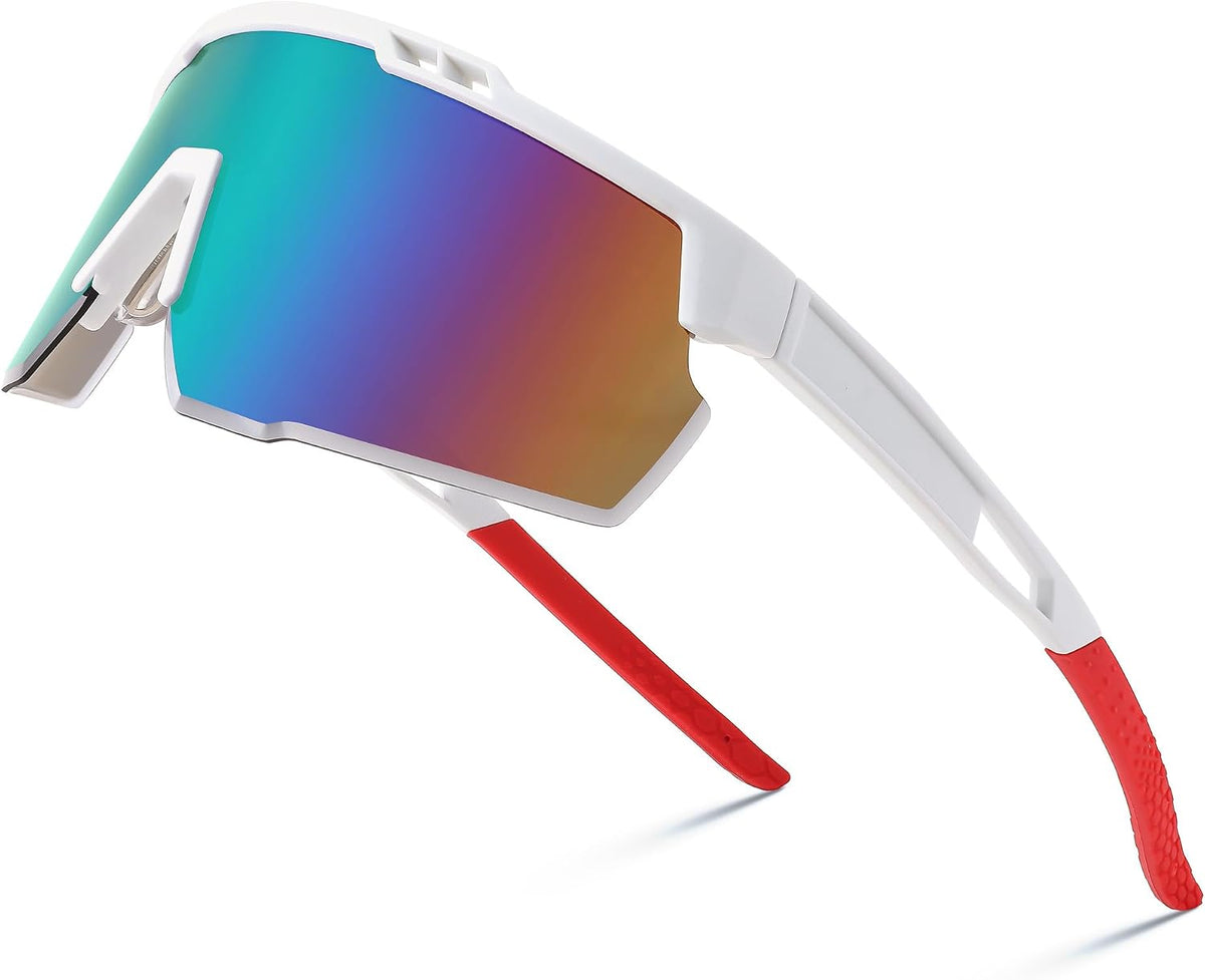 White Frame Green Mirrored Lens / 60 Millimeters | B0CBRSP2NN | FEISEDY Sports Sunglasses for Men and Women, UV400 Protection Cycling Goggles Golf Baseball Driving Fishing B0022