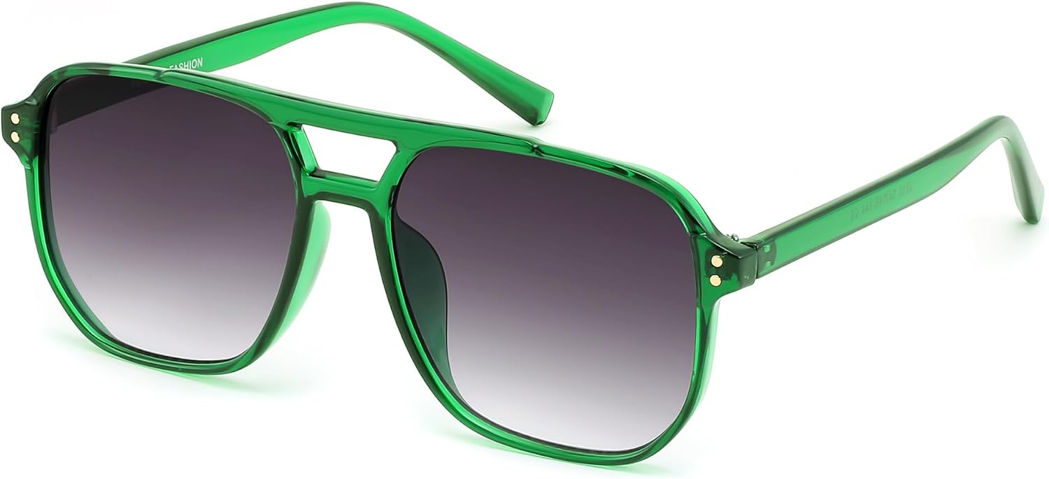 022 Green Transparent Frame/Gradient Gray Lens / 57 Millimeters | B0F7L9M54P | FEISEDY Retro Square Aviator Sunglasses Women Men 70s Vintage Trendy Plastic Frame Sun Glasses B2835