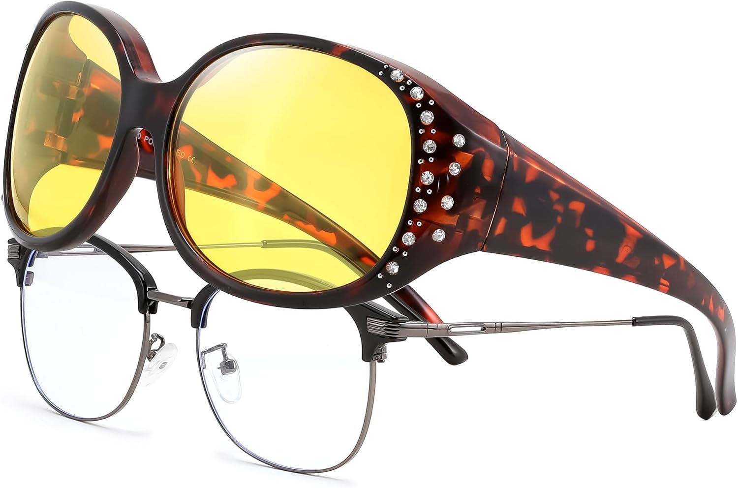 Tortoise/Yellow / 61 Millimeters | B0GRVF7PH6 | FEISEDY Women's Polarized Wrap-Around Fit Over Sunglasses with Rhinestones, Anti-Glare Driving Sun Glasses B0362