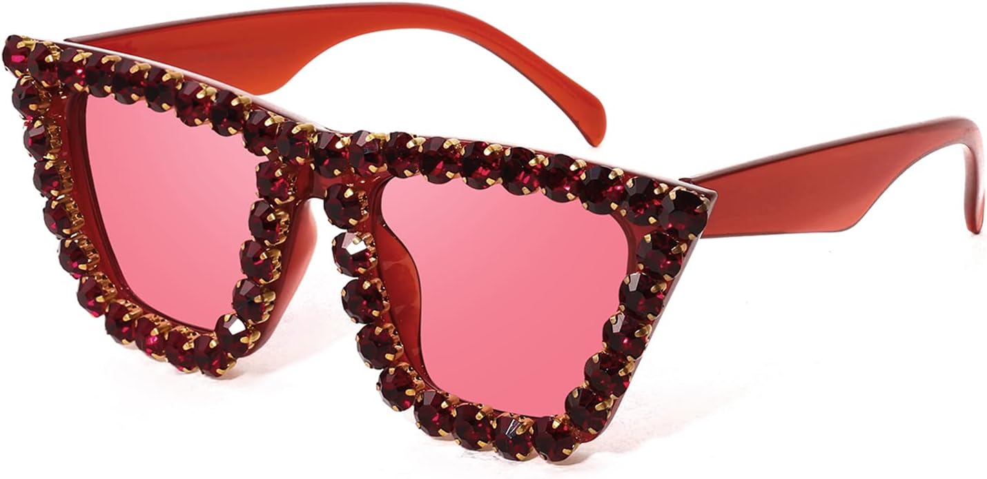 Red / 52 Millimeters | B09V7X1XQ8 | FEISEDY Women Crystal Square Cat Eye Sunglasses Sparkling Trendy Retro Cateye Sunglasses B2898