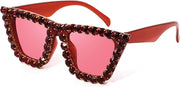 Red / 52 Millimeters | B09V7X1XQ8 | FEISEDY Women Crystal Square Cat Eye Sunglasses Sparkling Trendy Retro Cateye Sunglasses B2898