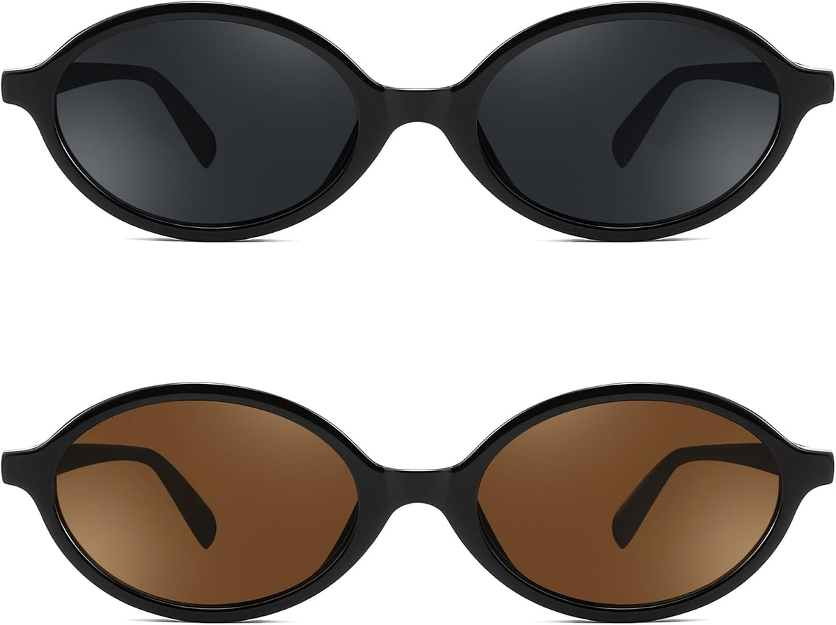 2pack(101 Black Frame & Grey+108 Black Frame & Tea) / 47 Millimeters | B0DYK1SR3N | FEISEDY Retro Oval Sunglasses for Women 90s Narrow Round Lightweight Shades Y2k Trendy Sunnies B1171