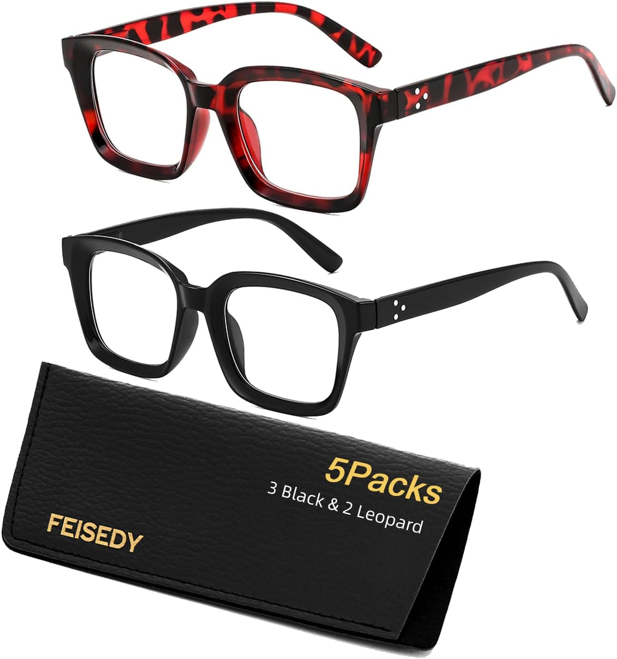3 Black & 2 Leopard / 3.0 x | B0F7KFTDGJ | FEISEDY 6/5 Pack Classic Reading Glasses Rectangular Readers B0297