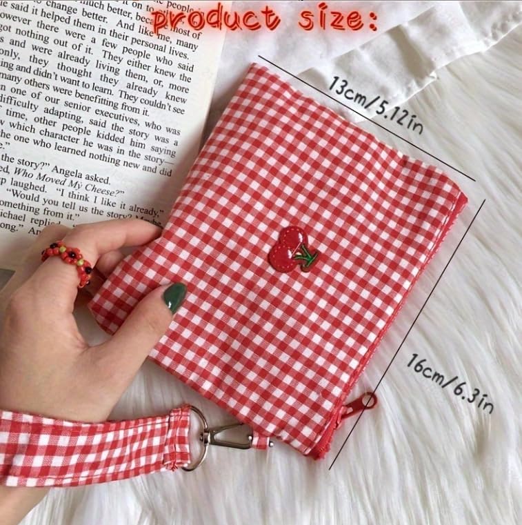 商品图片 5 | B0H2HN71LH | Cherry Coin Purse, Red Checkered Embroidered Cherry Canvas Makeup Bag, Sanitary Napkin Storage Pouch with Wrist Strap