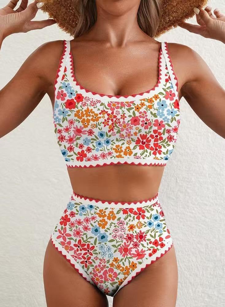 商品图片 2 | B0GWZVM7MG | High Waisted Bikini Sets for Women, 2 Piece Floral Whip Stitch Slim Fit Swimsuits, Scoop Neck Tummy Control Bathing Suits