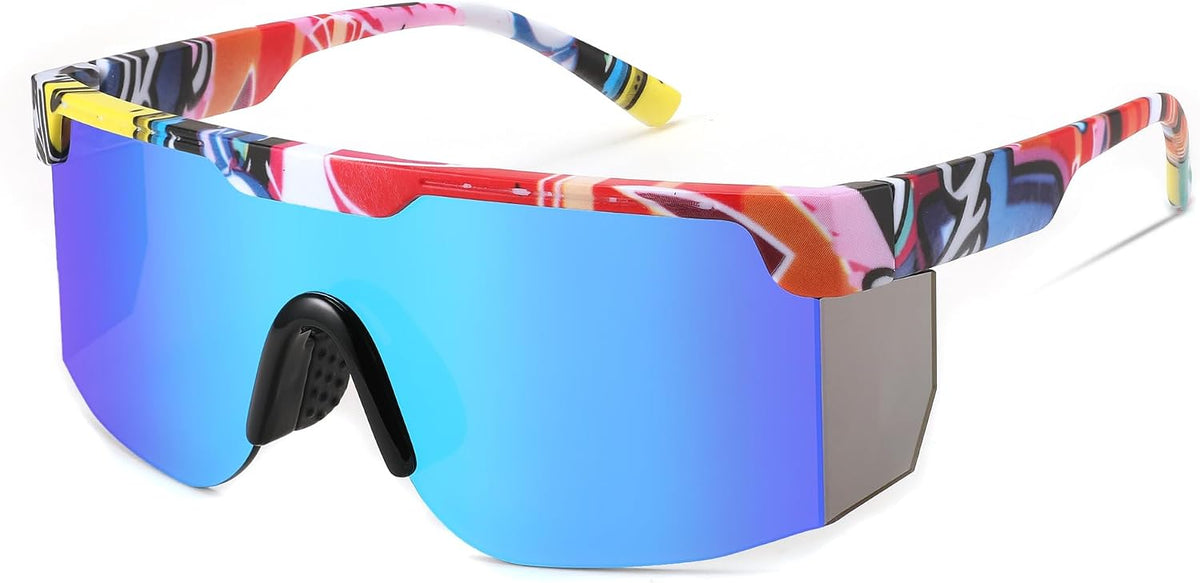 Red Frame | Blue Mirrored Lenses 07 / 66 Millimeters | B0CFFHYPN5 | FEISEDY Sunglasses Women Men Sports, 80s Visor Retro Neon Square Sun Glasses, Miorred Shades UV400 B0004