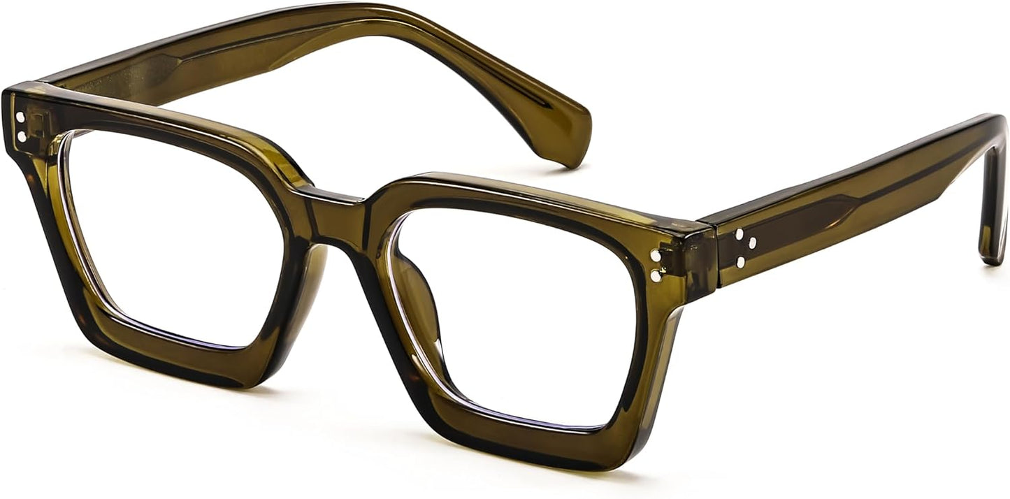 Transparent Olive Green / 50 Millimeters | B0CWRK3FFF | FEISEDY Blue Light Blocking Glasses Women Men Chunky Square Computer Glasses B0101