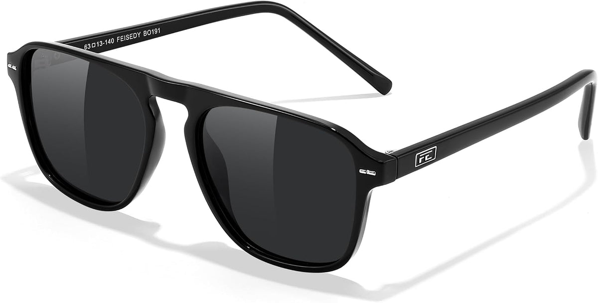 004 Black Frame & Grey / 52 Millimeters | B0F4D3XT9H | FEISEDY Polarized Aviator Mens Sunglasses Square Modern Women Vintage Style Acetate Frame UV400 B0191