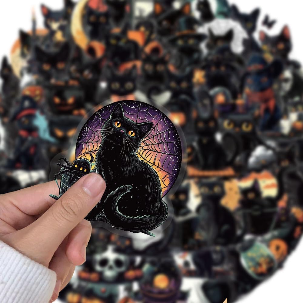 商品图片 5 | B0FQCK5TRP | 50 PCS Black Cat Stickers - Window Clings, Wall, Fridge, Phone - Cute Black Cat Window Decorations