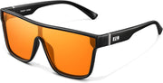 Black Frame & Orange Lens / 62 Millimeters | B0G2GNZ21H | FEISEDY Sunglasses for Women Men, Fashion Mirrored Single Lens Shades
