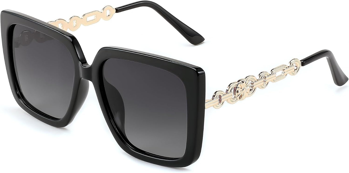 Black Frame Polarized Gradient Grey Lens / 55 Millimeters | B0CNGJXZ67 | FEISEDY Sunglasses Womens Trendy, Oversized Square Shades, Pearl Inlay Cat Eye Frame UV400 Protection B2625