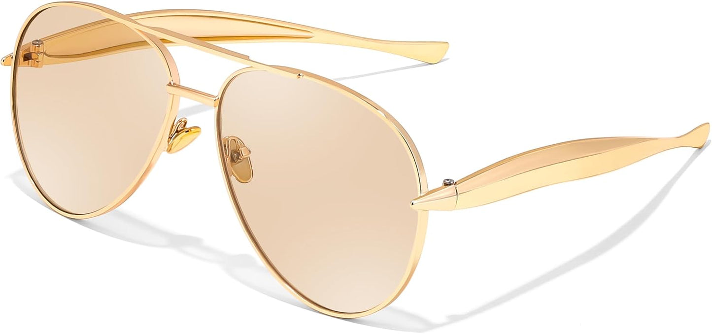 Gold/Champagne / 60 Millimeters | B0FKMKLSKB | FEISEDY Oversized Aviator Sunglasses Women Men - Retro Gold Metal Chunky Frame, UV400 for Driving & Daily Wear B0311