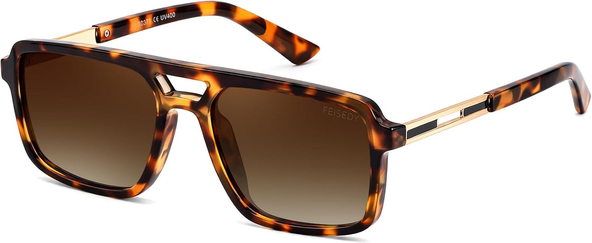 Leopard/Gradient Brown / 56 Millimeters | B0GLNFSYQ3 | FEISEDY Retro Aviator Polarized Square Sunglasses for Men Women B0377