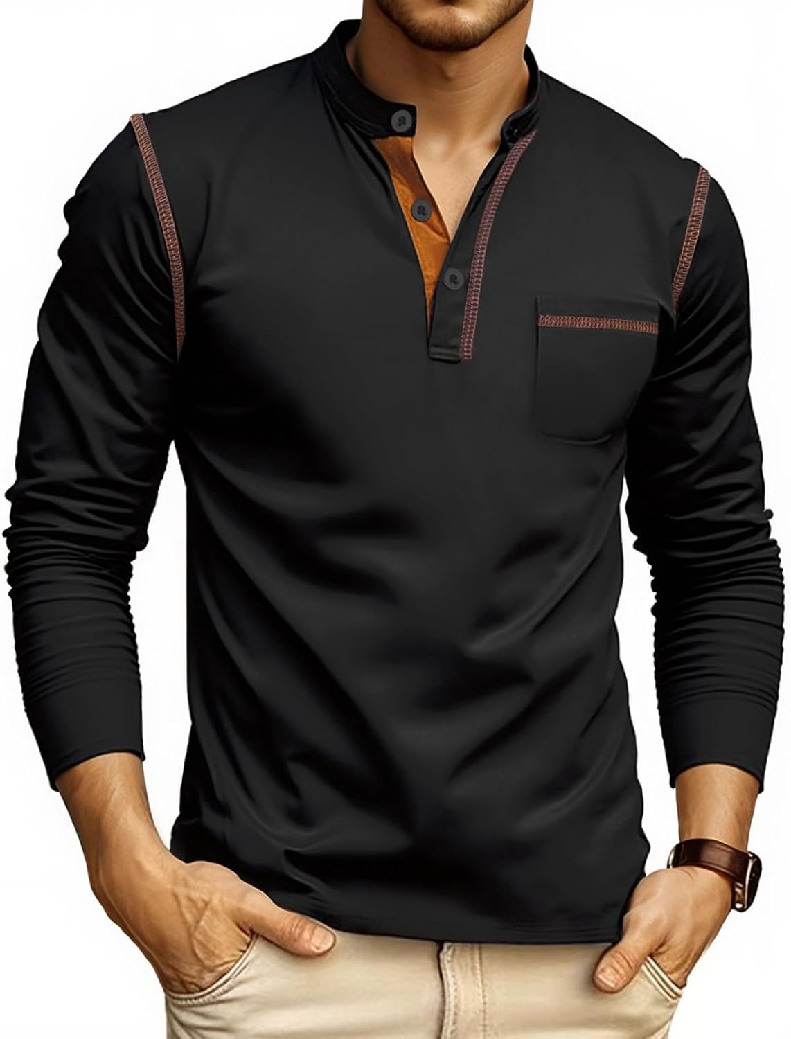 XX-Large / Black | B0GL8FXXF5 | Men's Long Sleeve Henley Shirt, Casual T-Shirt with Color Block Design, Classic Button Collar Pullover for Daily