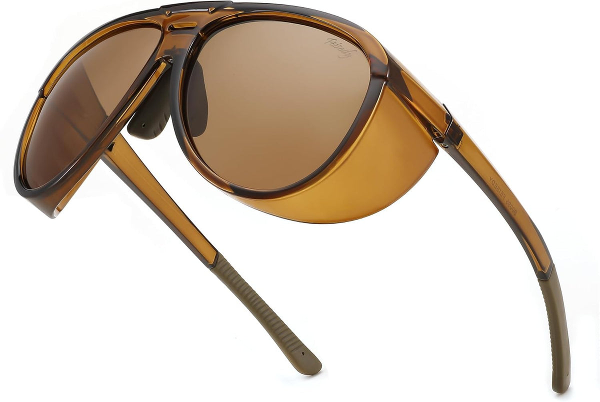 Brown Frame & Brown Lens / 60 Millimeters | B0CT5J5T7J | FEISEDY Polarized Aviator Sunglasses Men Women Oversized Round Steampunk Sunglasses Side Shield Goggles B0095