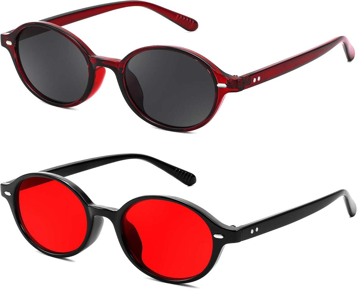 2pack(007 Transparent Red Frame & Grey+008 Black Frame & Red) / 47 Millimeters | B0FHPPZC91 | FEISEDY Retro Oval Sunglasses for Women 90s Narrow Round Lightweight Shades Y2k Trendy Sunnies B1171