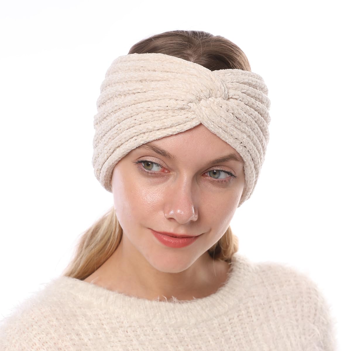 Beige | B0G2QFCT5M | Thick Knit Headbands for Women Girls Winter Ear Warmer Fashionable Warm Crochet Head Wraps With Crossover Design